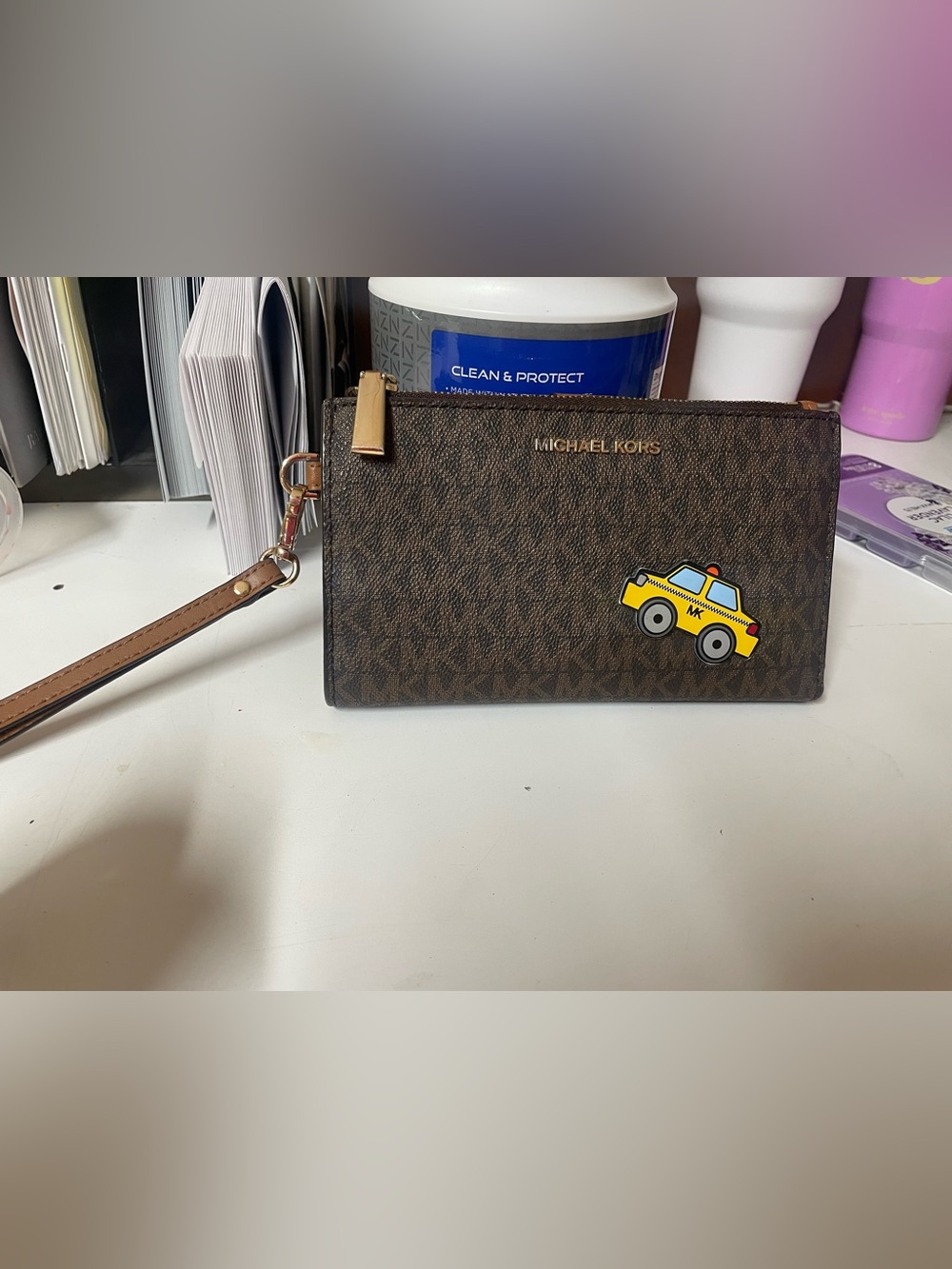 Michael Kors Brown Logo Yellow Taxi Cab Leather Wristlet - Picture 2 of 5